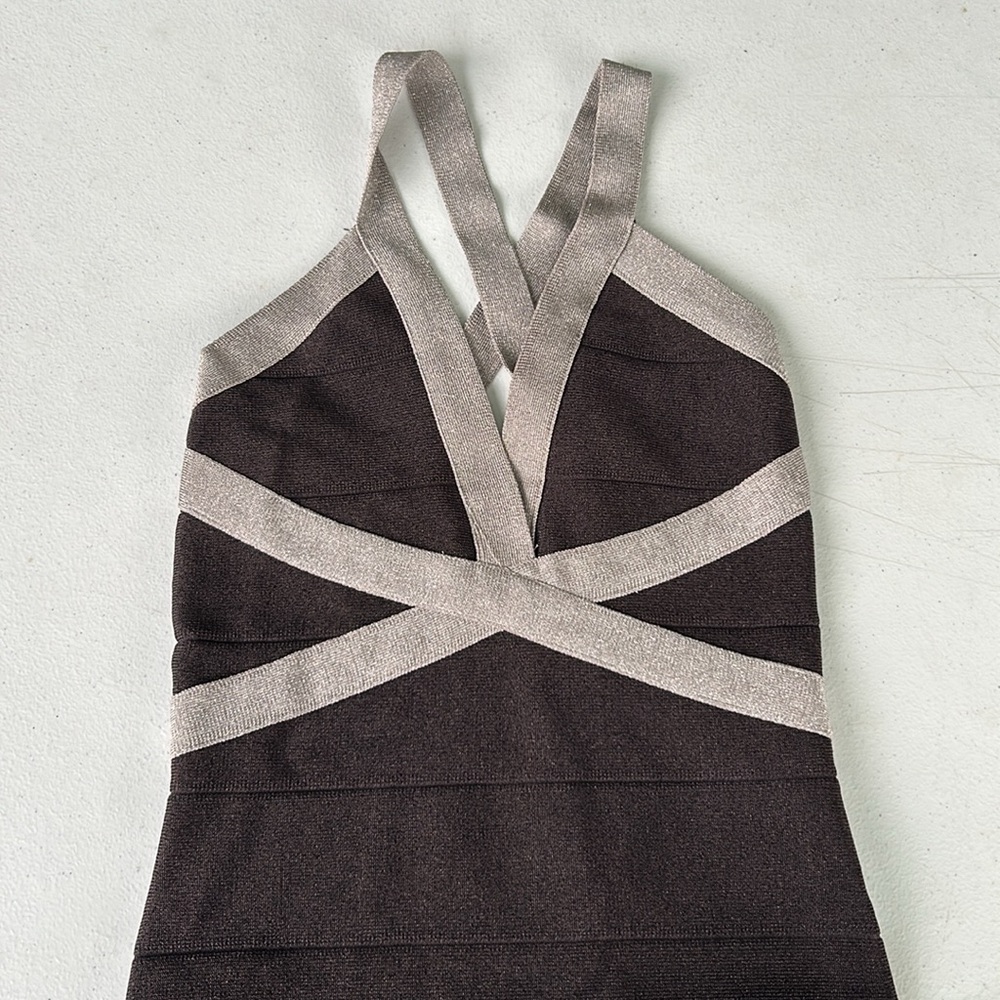 Bebe Black & Silver Metallic Bandage Dress | Size XS - Picture 4 of 5